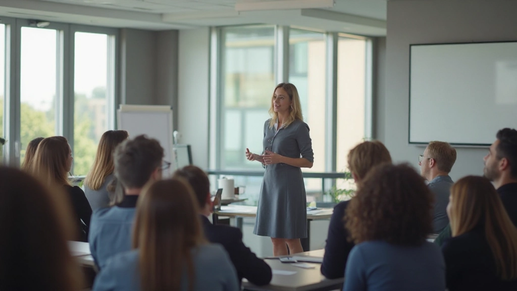 Iemand die zelfverzekerd presenteert in een trainingsruimte