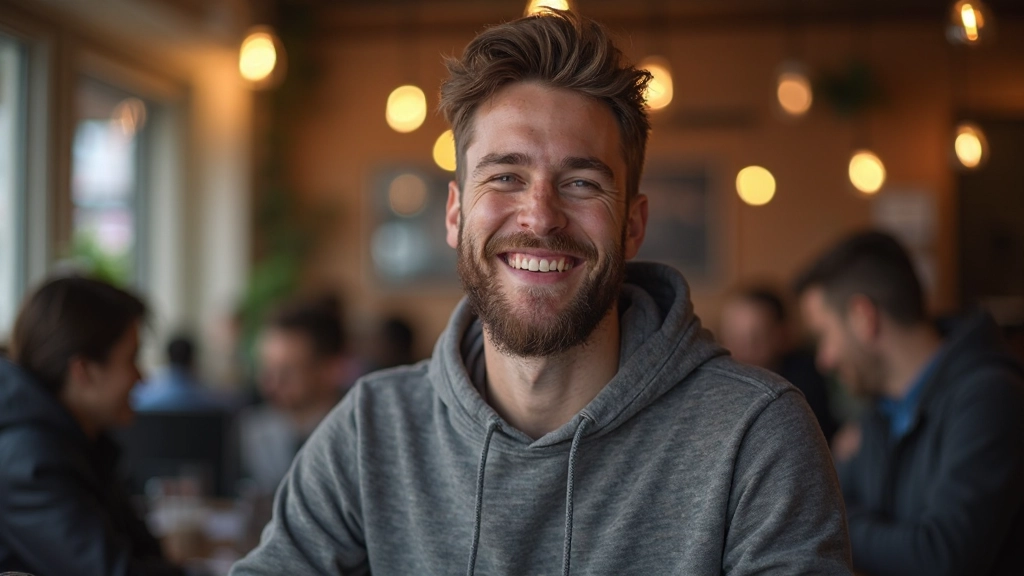 Jongeman die ontspannen lacht en communiceert met vrienden in Nederlands café setting