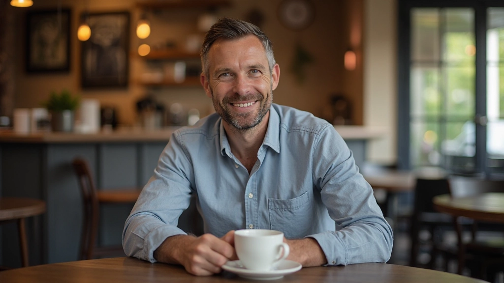 Man die aan tafel Nederlands conversatie oefent in gezellige koffiehuisomgeving