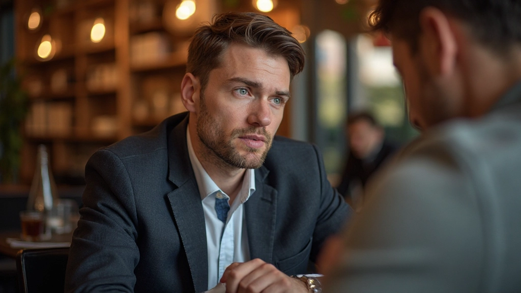 Persoon die luisterend en belangstellend kijkt tijdens een conversatie in een vriendelijk Nederlands restaurant
