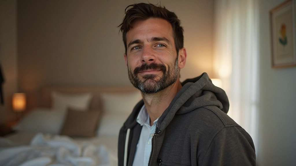 Persoon die met zelfvertrouwen en innerlijke kalmte naar zichzelf kijkt in een spiegel