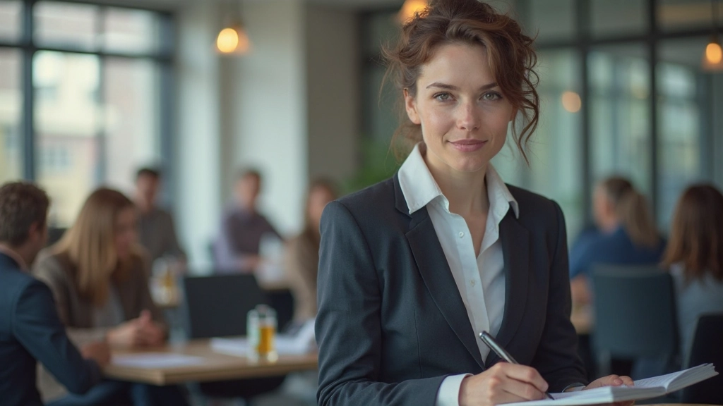 Vrouw die concentreerd luistert en aantekeningen maakt tijdens een professionele presentatie in een conferentiezaal