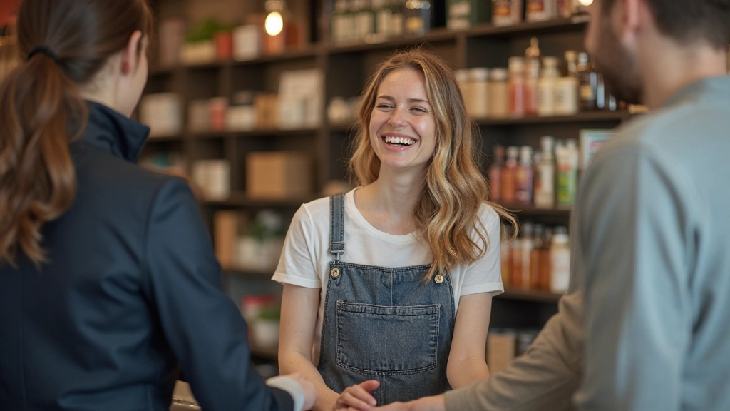 Klant en bediende in Nederlands winkeltje die vriendelijk en ontspannen communiceren
