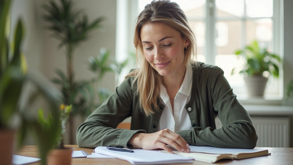 Persoon die zich voorbereidt op een Nederlands gesprek in een rustige omgeving met notities en oefenmateriaal